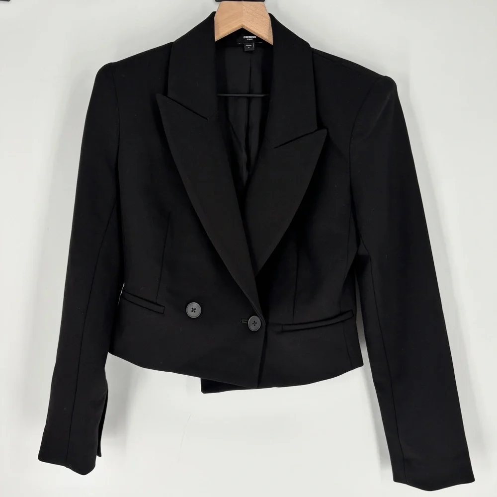 Express Black Stylist Peak Lapel Double Breasted Cropped Blazer - Picture 5 of 9